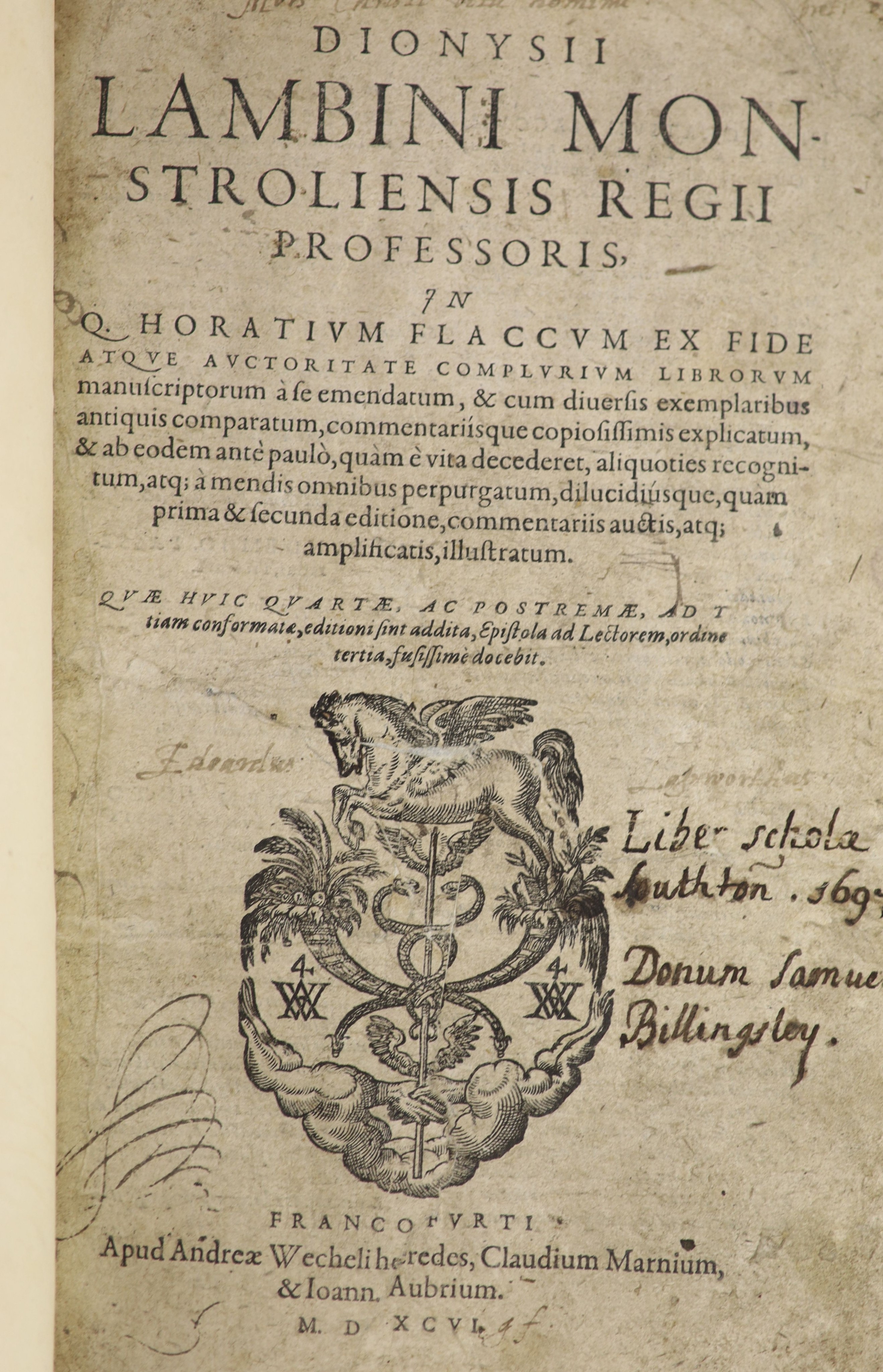 Horace - Dionysii Lambini Monstroliensis Regii Professoris, in Q. Horatium Flaccum .... 2 vols. (16), 464 and 550pp.; newly rebound half morocco and marbled boards, gilt lettered panelled spine, sm. 4to. Frankfurt am Mai